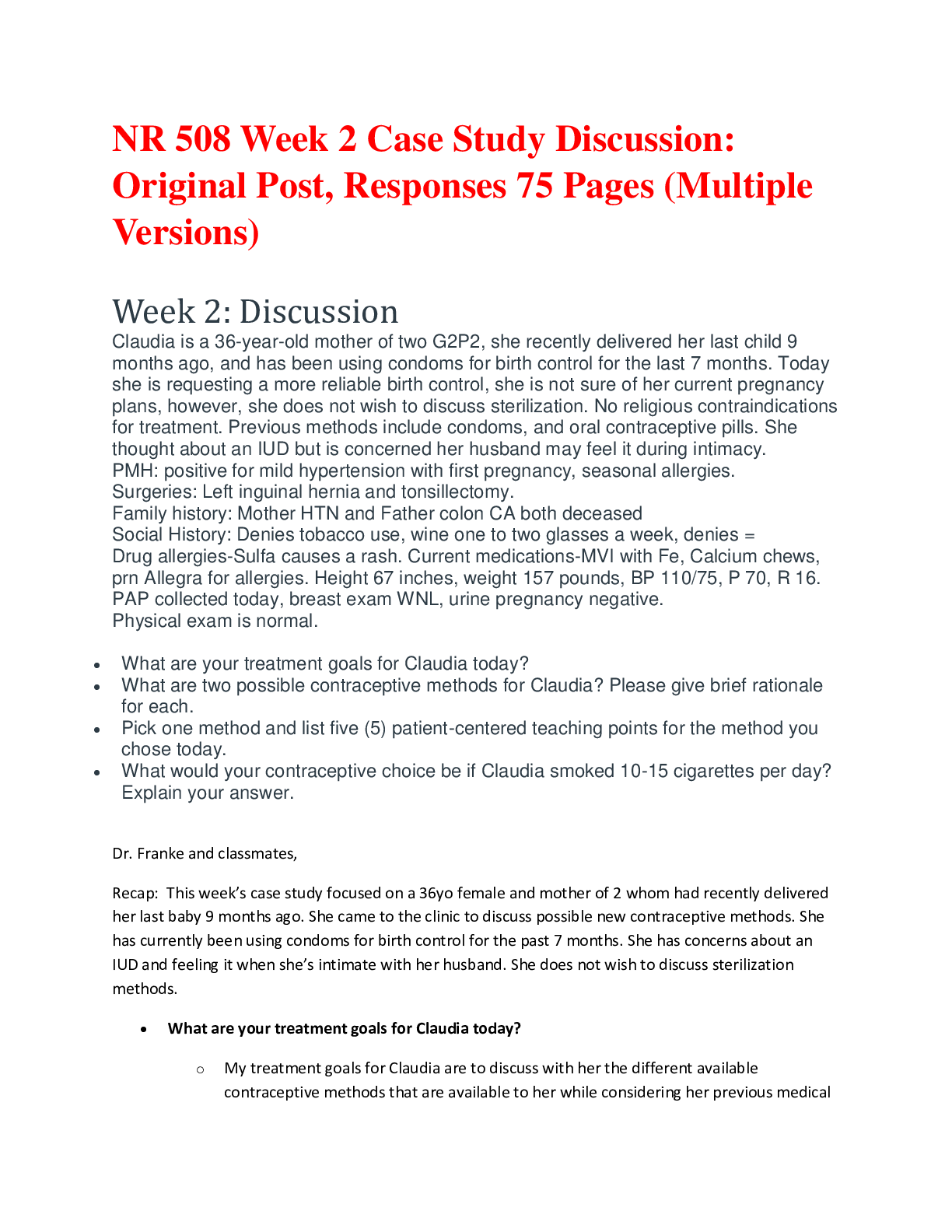 Preview of NR 508 Week 2 Case Study Discussion: Original Post, Responses 75 Pages (Multiple Versions)